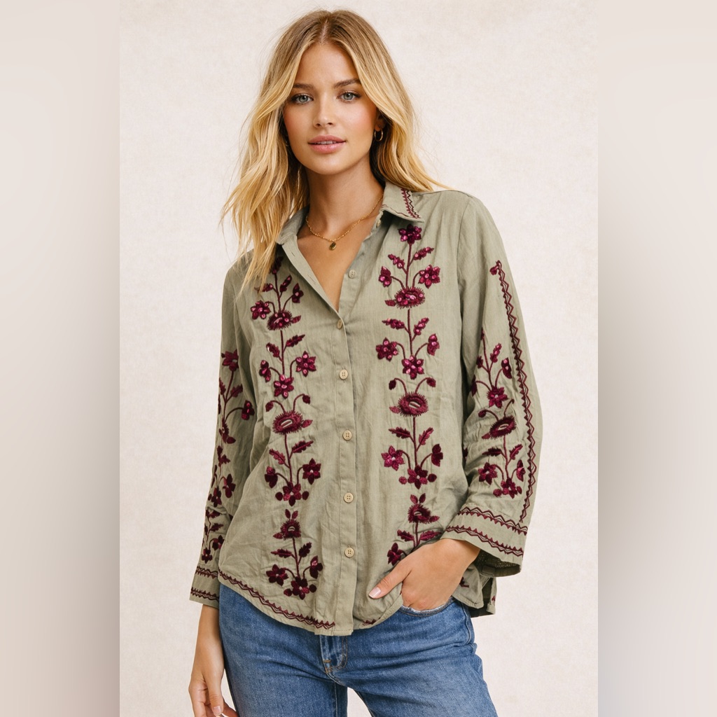 708 Embroidered Olive Green Shirt
